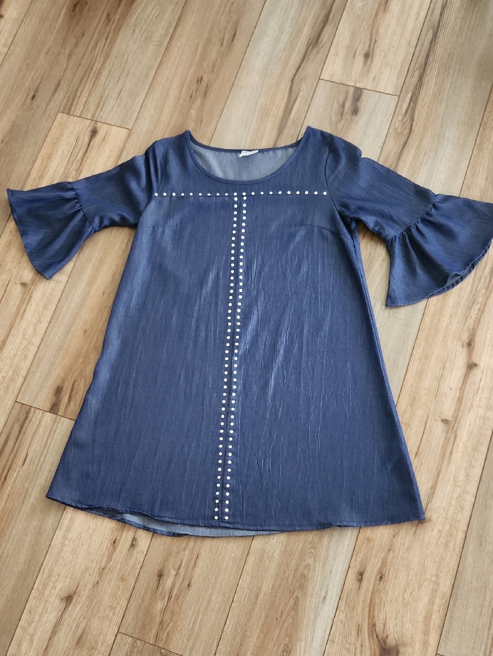 NAIF Navy Blue Bell-Sleeve Midi Dress Silver Stud Accents Size Small